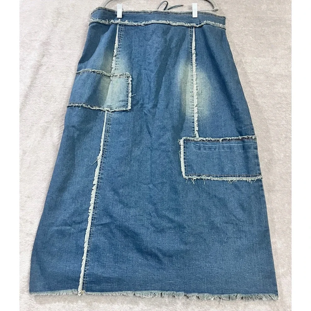 Patchwork Denim Maxi Skirt Women Large Blue Boho Lace Up Distressed Y2K Western - Picture 2 of 7